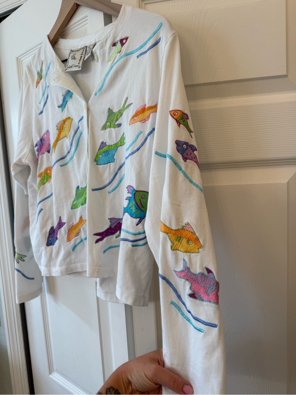Michael Simon Fish Embroidered Cardigan 100% Cotton Colorful Coastal Sz S - Picture 5 of 9